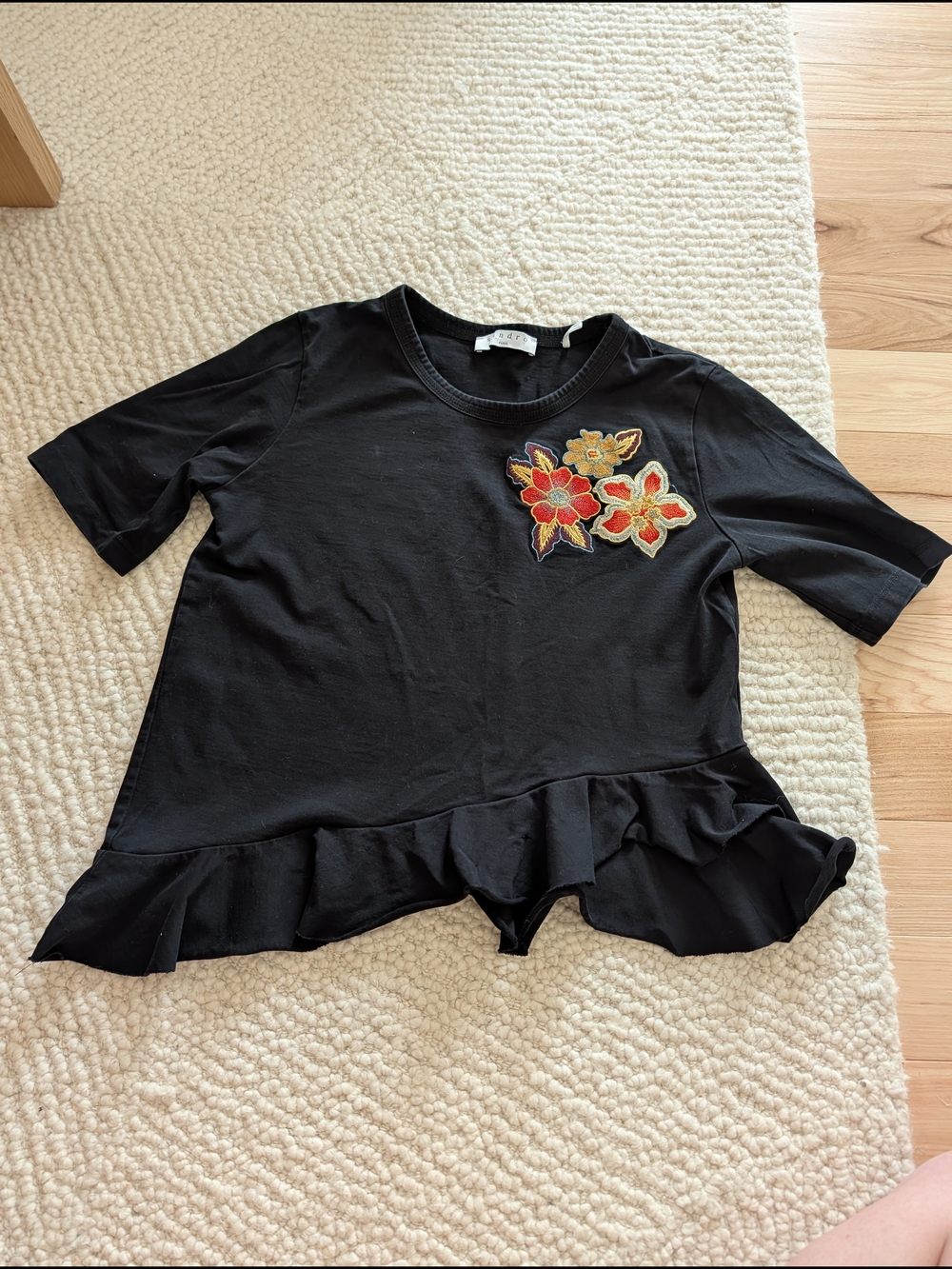 Sandro Black Tee with Red and Gold Floral Appliqué